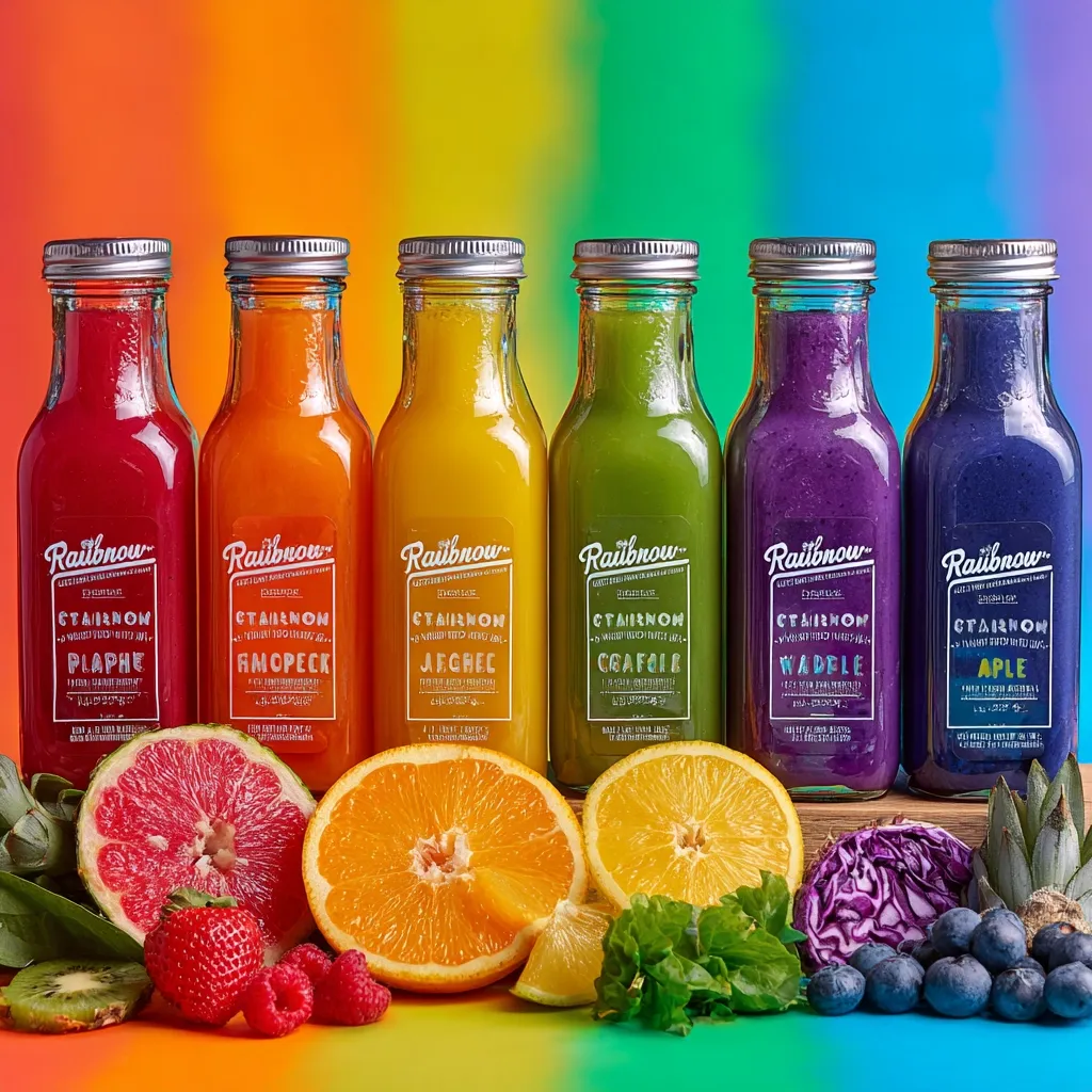 Six glass bottles of Rainbow brand juice line up against a vibrant rainbow backdrop.  Each bottle features a unique color and label indicating a different fruit or vegetable blend:  red, orange, yellow, green, purple, and blue.  Fresh fruits and vegetables like grapefruit, oranges, strawberries, raspberries, blueberries, and red cabbage are arranged in the foreground, showcasing the ingredients.  The image promotes a healthy and vibrant lifestyle.