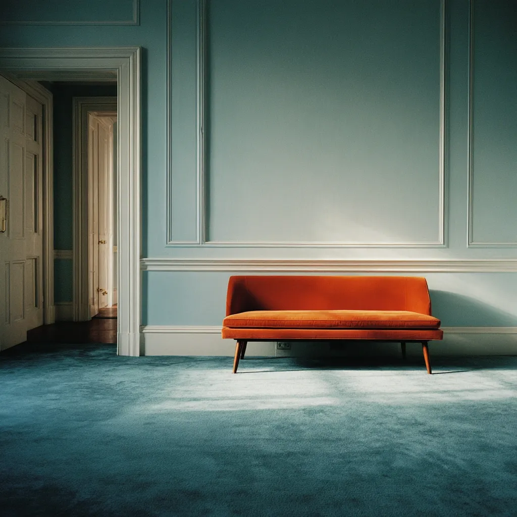 A burnt orange mid-century modern settee sits centrally in a room with teal carpeting and pale blue walls.  The walls are adorned with classic paneling.  A doorway leads to another room, revealing a glimpse of more traditional architecture. Sunlight streams into the room, illuminating the settee and the floor. The overall aesthetic is one of calm sophistication.