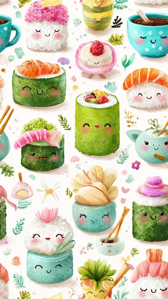 A charming seamless pattern features adorable cartoon sushi and Japanese-inspired treats.  Smiling faces adorn various sushi rolls, including maki, nigiri, and other variations.  Cute teacups and bowls of soy sauce add to the whimsical design, all rendered in a soft, watercolor-like style with pastel colors and delicate floral accents. The overall aesthetic is playful and inviting.