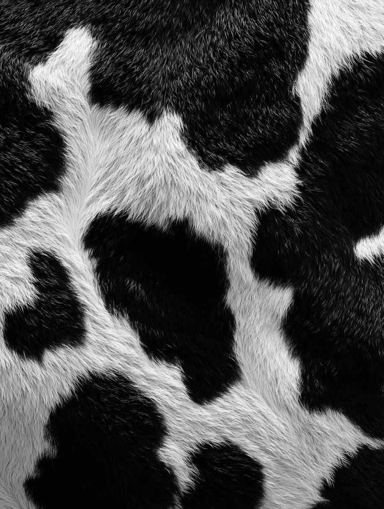 A close-up reveals the textured fur of a cow, showcasing a distinctive black and white pattern. The image focuses on the intricate details of the coat, highlighting the contrast between the dark and light patches.  The fur's softness and the irregular shapes of the color variations are clearly visible.  The texture is rich and tactile, offering a detailed view of the animal's hide.