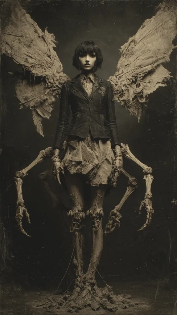 A dark, gothic-style image depicts a young woman with short dark hair, wearing a dark jacket and skirt.  She has large, decaying wings and skeletal, mechanical limbs extending from her body, rooted in the dark earth. The overall tone is somber and unsettling, creating a surreal and somewhat disturbing atmosphere. The muted color palette emphasizes the decay and grim beauty of the subject.