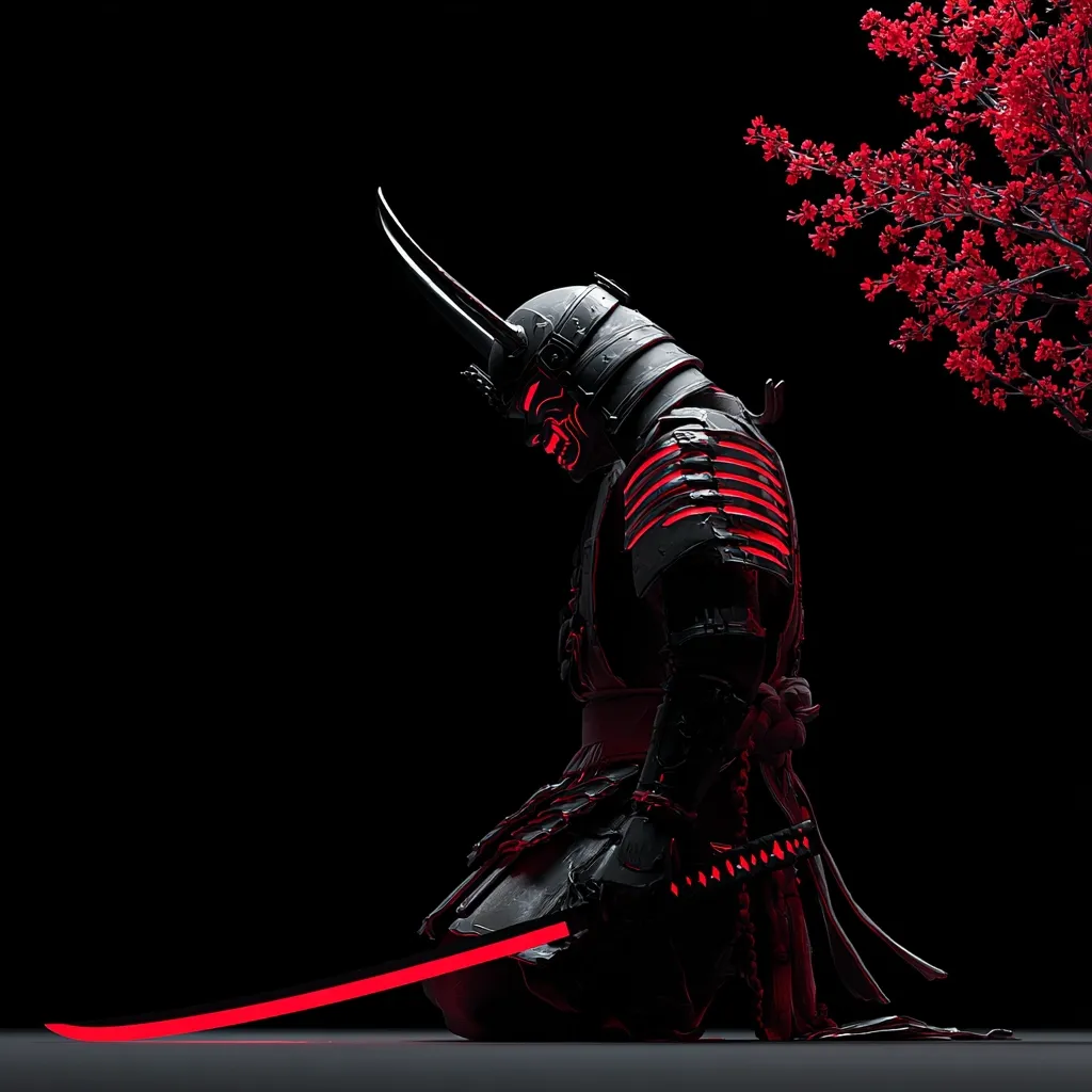 A digital rendering depicts a dark samurai, kneeling with a katana resting before him.  The armor is predominantly black, accented with glowing red lines.  The samurai's oni mask is visible, and a red-blooming tree is subtly present in the background, creating a stark contrast against the black backdrop.  The overall mood is one of solemn contemplation or defeat.