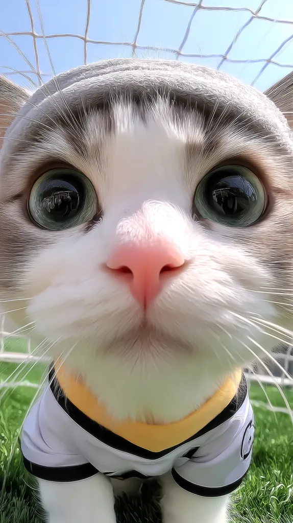 A close-up shot of an adorable Ragdoll kitten wearing a miniature sports jersey.  Its large, expressive eyes are captivating, and its pink nose is prominent. The kitten is positioned against a blurred background of a soccer net and green grass, creating a playful and charming image. The low angle of the shot emphasizes the kitten's cuteness.