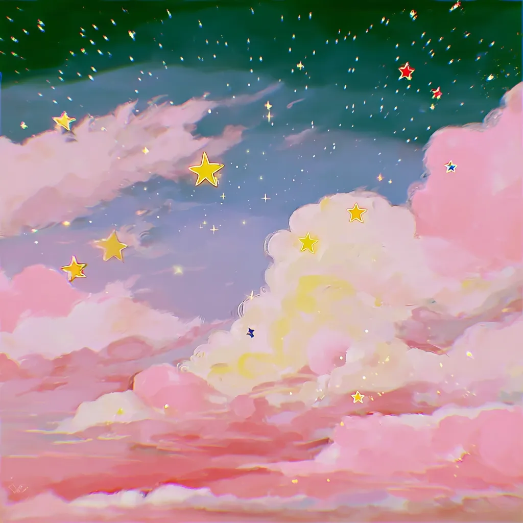 A dreamy illustration depicts a pastel sky filled with fluffy pink and yellow clouds.  Scattered across the canvas are numerous stars in varying sizes and colors, creating a whimsical, celestial scene. The overall style is soft, romantic, and evokes a feeling of peace and tranquility. The color palette is gentle and soothing, with shades of pink, yellow, and a deep teal forming the backdrop.