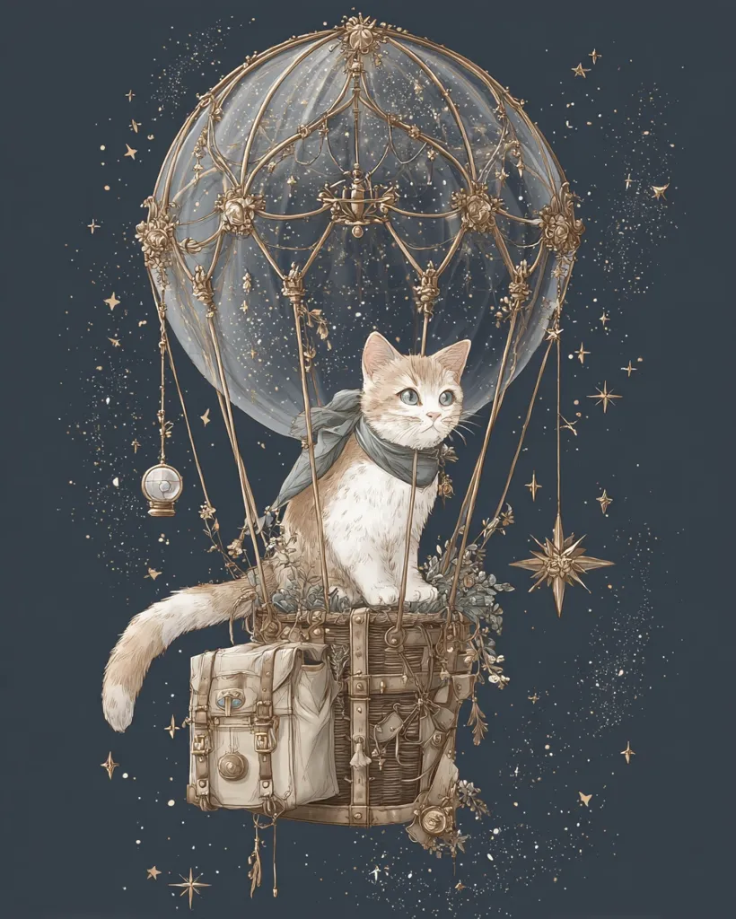 A whimsical illustration depicts a ginger and white cat serenely seated in a miniature, ornate hot air balloon.  The balloon, crafted from delicate gold metalwork and translucent fabric, floats against a dark blue, star-dusted sky.  The cat wears a small scarf, and the basket below is adorned with antique luggage and botanical elements.  The scene is enchanting and evokes a sense of magical journey.