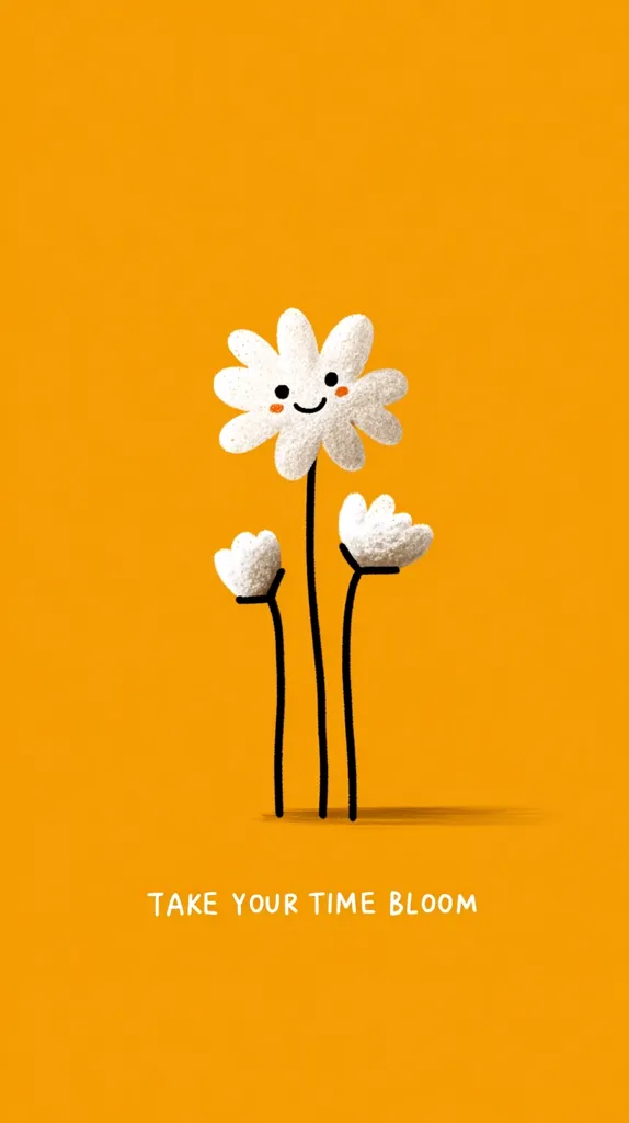 A cheerful illustration features a stylized white flower with a smiling face on a vibrant orange background. Two smaller white buds flank the main flower on slender black stems.  The phrase "Take your time bloom" is written beneath the floral motif, conveying a message of patience and personal growth.  The overall style is simple yet charming.