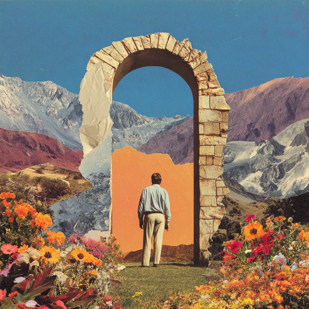 A vibrant collage depicts a man standing before a stone archway.  The arch frames a surreal landscape of colorful mountains and an orange sky. Lush wildflowers border the arch, contrasting with the rugged mountain backdrop. The image evokes a sense of journey and transition, suggesting a passage to a new or unknown realm. The style is reminiscent of vintage travel posters and psychedelic art.