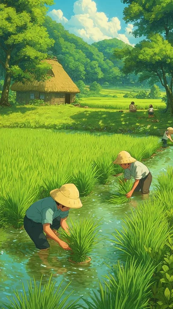 A serene illustration depicts farmers meticulously planting rice seedlings in verdant paddy fields.  The lush green landscape is punctuated by a quaint thatched-roof house nestled amongst trees.  A calm stream meanders through the rice paddies, reflecting the clear sky above. The scene evokes a tranquil rural atmosphere, possibly in a Southeast Asian setting.