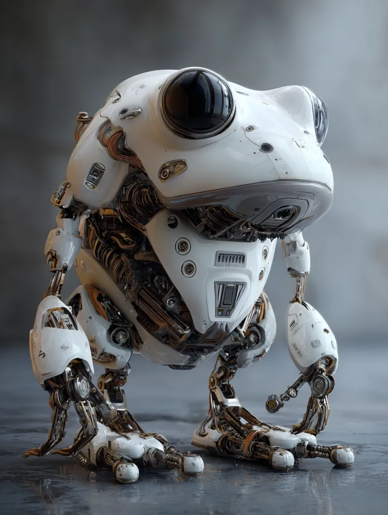 A meticulously detailed robotic frog, predominantly white with bronze internal mechanisms, is depicted.  Its large, black eyes and intricate, articulated limbs showcase a blend of organic and mechanical design. The frog's pose suggests a cautious stance, its body slightly hunched.  The reflective surface beneath hints at a futuristic or technological setting.