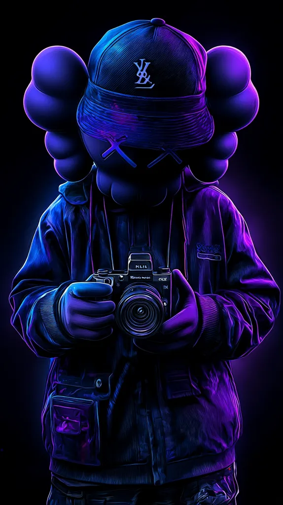 A stylized digital illustration depicts a figure resembling a KAWS Companion, wearing a Louis Vuitton cap and jacket.  The figure holds a Fujifilm X100V camera.  The image is rendered in dark purple and blue neon lighting, creating a vibrant, futuristic aesthetic.  The overall style is bold and graphic, emphasizing sharp lines and contrasting colors.