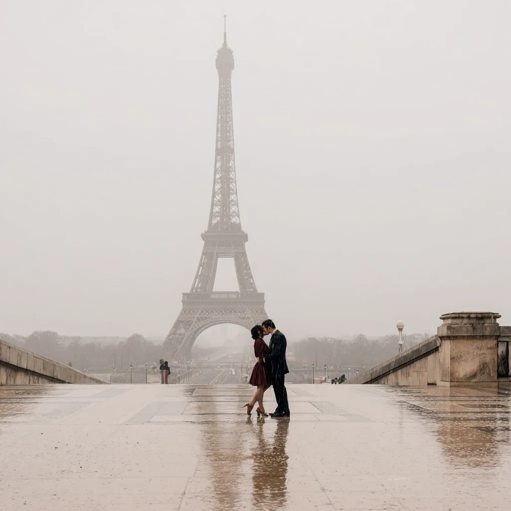 A couple stands embracing and kissing in front of the Eiffel Tower on a misty, rainy day in Paris.  The woman wears a maroon dress, the man a dark suit.  The wet pavement reflects the tower and the couple, creating a romantic and atmospheric scene.  The overall mood is serene and intimate.