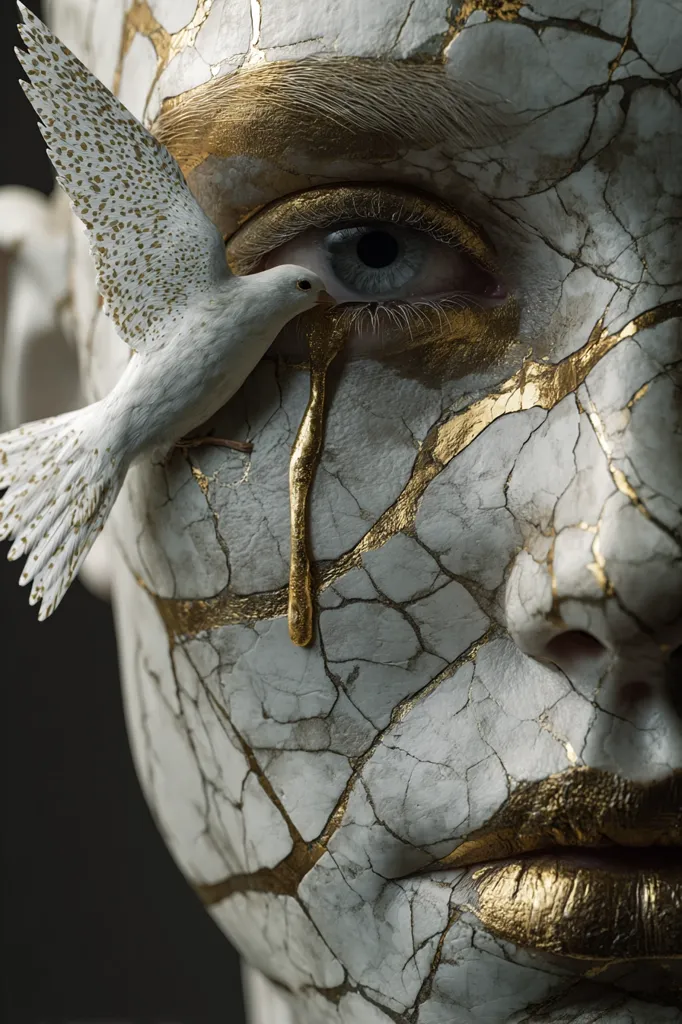 Close-up of a face artistically rendered to resemble cracked marble, accented with gold detailing.  A white dove rests near a gold tear flowing from the eye. The image evokes a sense of fragility, beauty, and perhaps sorrow or vulnerability.  The contrast between the delicate bird and the hard, fractured surface creates a striking visual effect.