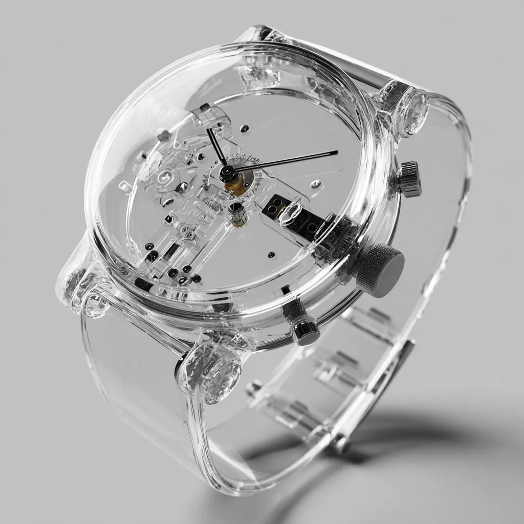 A transparent wristwatch with a clear casing showcases its intricate inner workings.  The watch face, band, and case are all made of a see-through material, allowing a full view of the watch's mechanical components.  Simple black hands contrast against the clear background, indicating the time.  The design is minimalist and modern.
