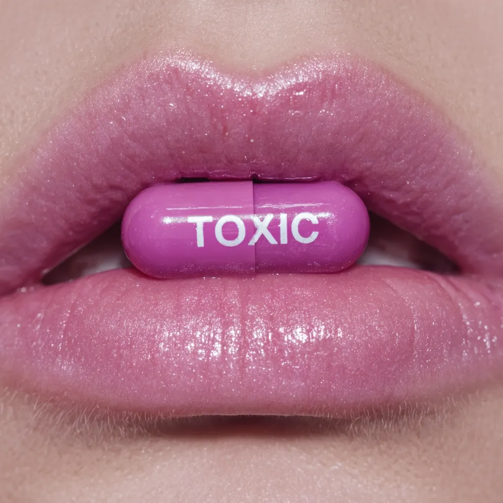 Close-up of a person's lips holding a pink pill between their teeth. The pill is labeled "TOXIC" in white lettering.  The image is sharply focused on the lips and pill, creating a dramatic and potentially unsettling visual. The overall aesthetic is glossy and slightly artificial.
