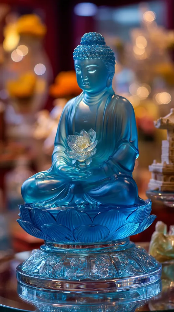 A serene blue glass Buddha statue sits atop a lotus flower base.  Intricate detailing adorns the statue and its base, which rests on a circular platform. The Buddha holds a stylized lotus blossom in its lap.  The background is softly blurred, showing other decorative items, creating a peaceful and contemplative atmosphere. The statue's translucent quality adds to its ethereal beauty.