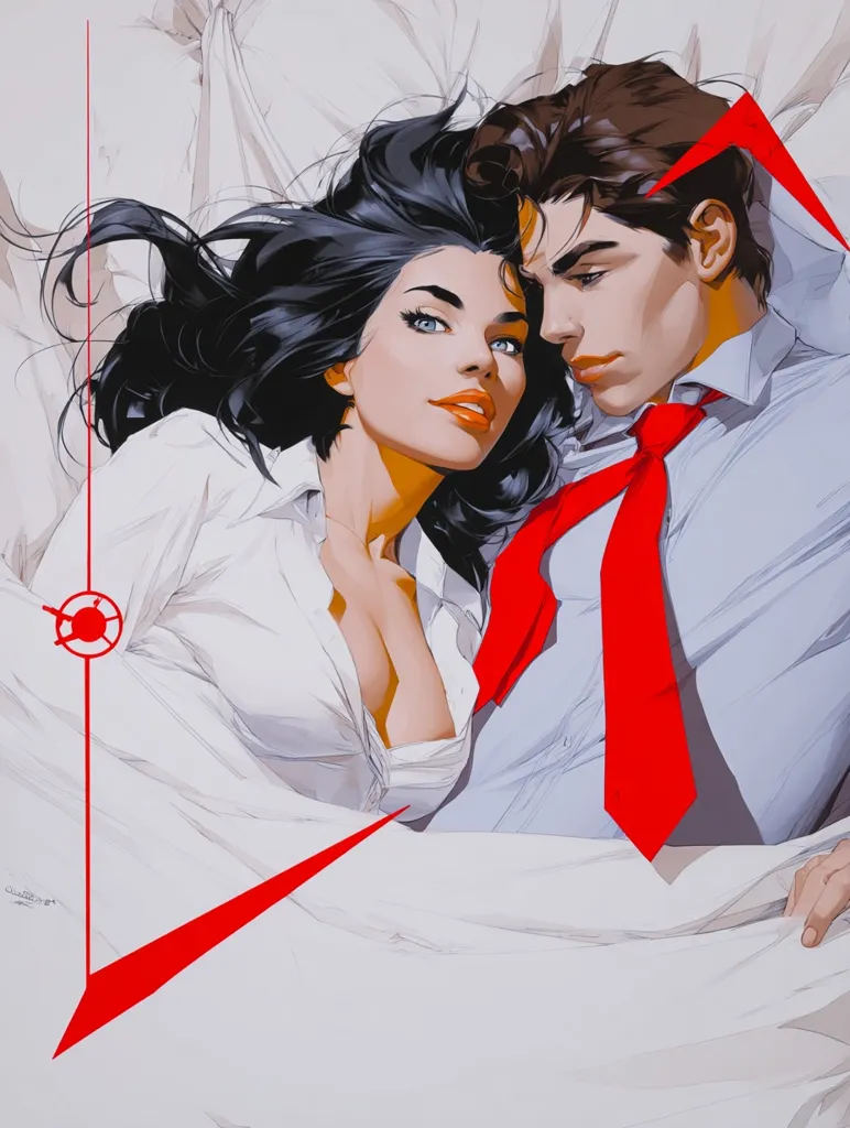 A stylized illustration depicts a romantic scene. A man and woman, intimately close, are nestled in bed.  She has long, dark hair and wears a white, unbuttoned shirt; he sports a light blue shirt and a vibrant red tie. The artwork is marked by bold red angular lines that emphasize the couple's closeness and the overall composition. The style is reminiscent of modern graphic novel art.