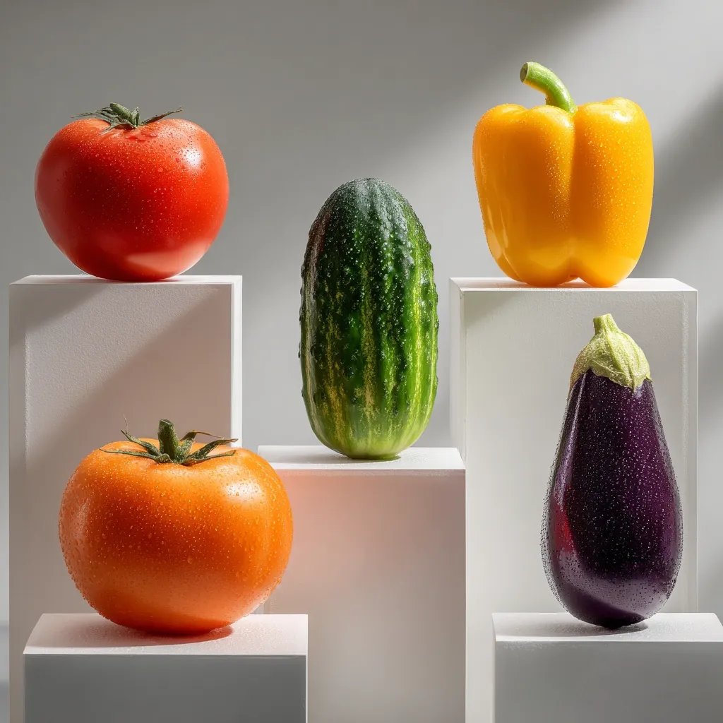 Five fresh vegetables are arranged on white cube platforms against a light gray background.  A red tomato, orange tomato, green cucumber, yellow bell pepper, and a dark purple eggplant are showcased.  Each vegetable is glistening with water droplets, suggesting freshness.  The arrangement is minimalist and visually appealing.