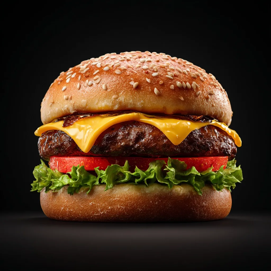 A juicy cheeseburger, photographed against a black background, is the centerpiece.  It features a toasted sesame seed bun, a perfectly grilled beef patty, melted cheddar cheese, crisp lettuce, and a ripe tomato slice.  The image highlights the burger's texture and appetizing ingredients. The lighting accentuates the richness and detail of the food.