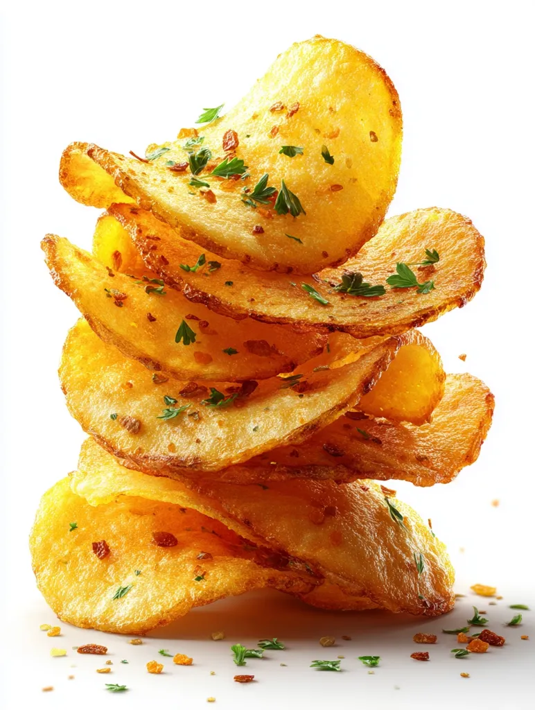 A tempting stack of crispy potato chips, seasoned with herbs and spices, is artfully arranged against a white background.  The golden-brown chips are layered, showcasing their texture and flavor.  Scattered seasonings add visual appeal and suggest a delicious, savory taste. The image evokes a sense of satisfying crunch and irresistible snacking.