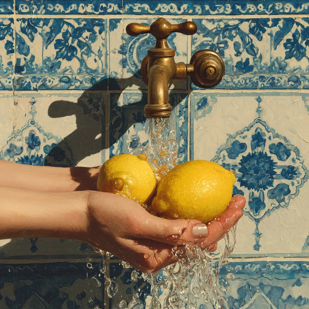 Two ripe lemons are gently cupped in hands beneath a flowing brass faucet against a backdrop of blue and white patterned tiles.  Water cascades over the lemons, creating a vibrant, sunlit scene. The image evokes a feeling of freshness and simplicity, possibly suggesting themes of cleansing or abundance.  The detailed rendering emphasizes texture and light.