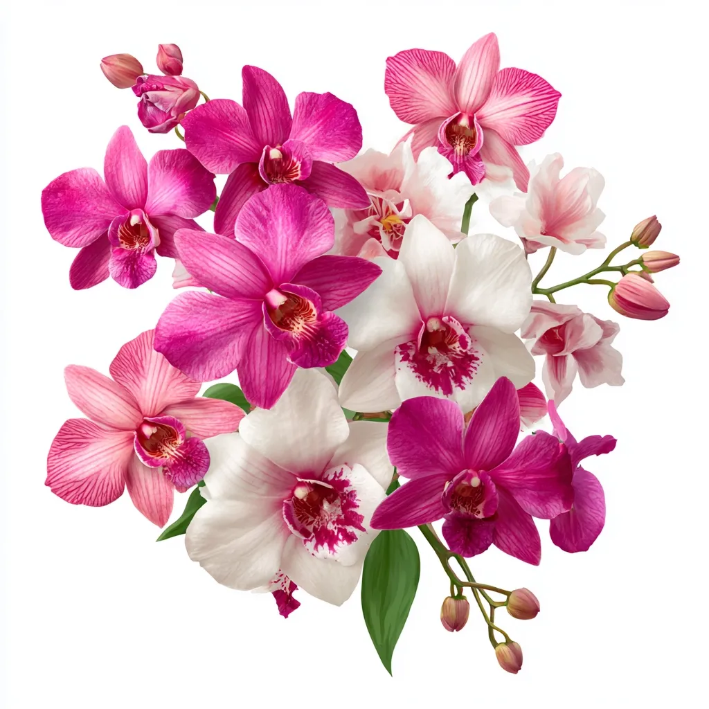A vibrant bouquet of orchids, predominantly pink and white, is showcased against a stark white background.  The arrangement features various orchid blossoms in different shades of pink, from deep magenta to pale rose, complemented by elegant white orchids with magenta centers.  The flowers are artfully clustered, with buds and stems adding to the overall composition.  The image evokes a sense of elegance and natural beauty.