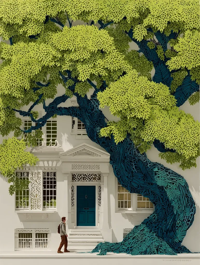 A meticulously detailed illustration depicts a man standing before a classic white house, enveloped by an intricately designed tree. The tree's vibrant green leaves contrast with its dark teal, patterned trunk that seems to grow around the building. The house features a teal front door and detailed window frames, adding to the scene's overall artistic and surreal quality. The artwork's precision suggests a paper-cut or digital rendering technique.
