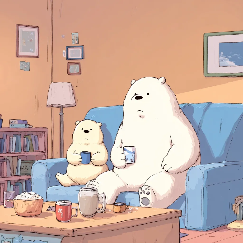 Two polar bears, one large and one small, sit on a blue couch in a cozy living room.  They hold mugs, and a coffee table in front of them holds snacks including popcorn and a soda can.  The room features bookshelves, framed pictures, and a lamp. The scene is illustrated in a soft, pastel color palette, creating a calm and inviting atmosphere.