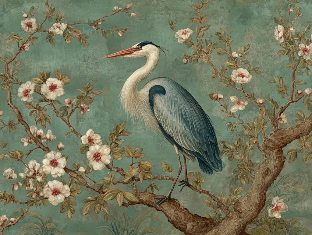 A serene painting depicts a grey heron perched gracefully on a blossoming tree branch.  The heron's plumage is rendered in exquisite detail, contrasting beautifully with the delicate white flowers of the tree. The background is a muted teal, creating a tranquil and elegant atmosphere. The overall style evokes a sense of calm and natural beauty.