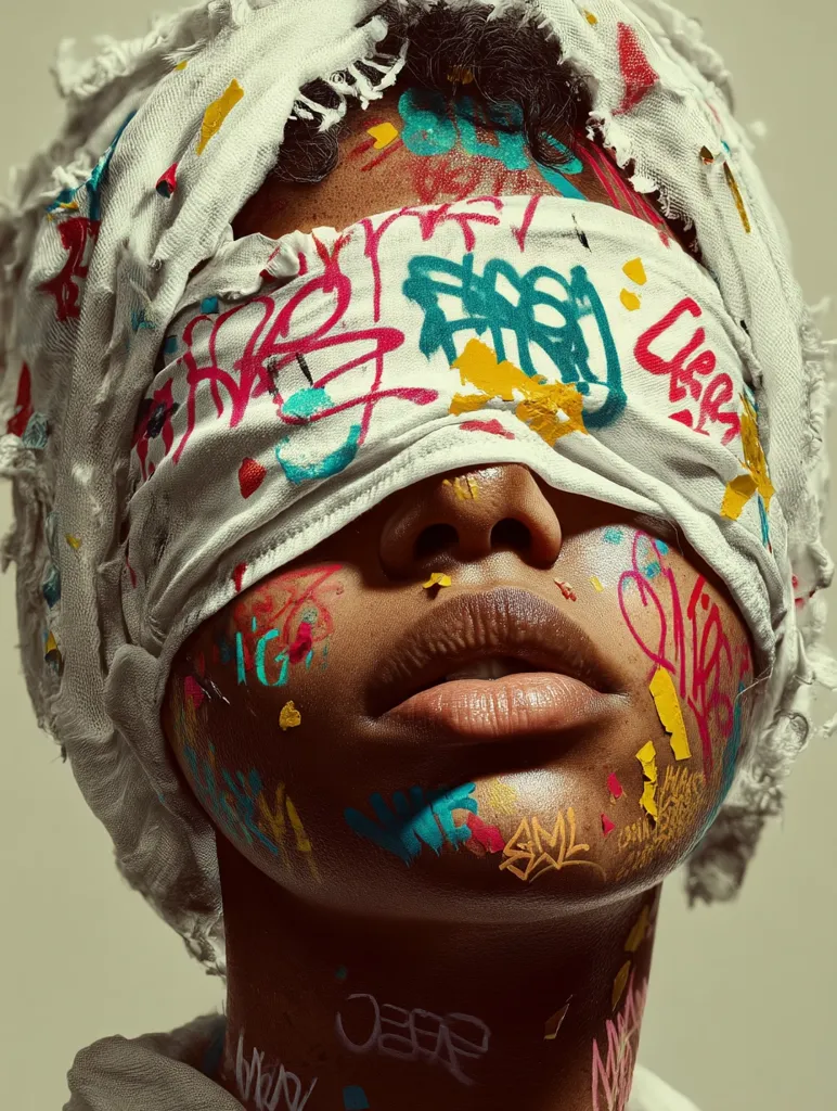 Close-up of a person's face, partially obscured by a tattered, graffiti-covered cloth blindfold.  Their skin is adorned with vibrant spray-painted markings, mirroring the chaotic patterns on the blindfold. The image evokes themes of urban anonymity, hidden identity, and artistic expression.  The person's expression is serene despite the visual distractions.