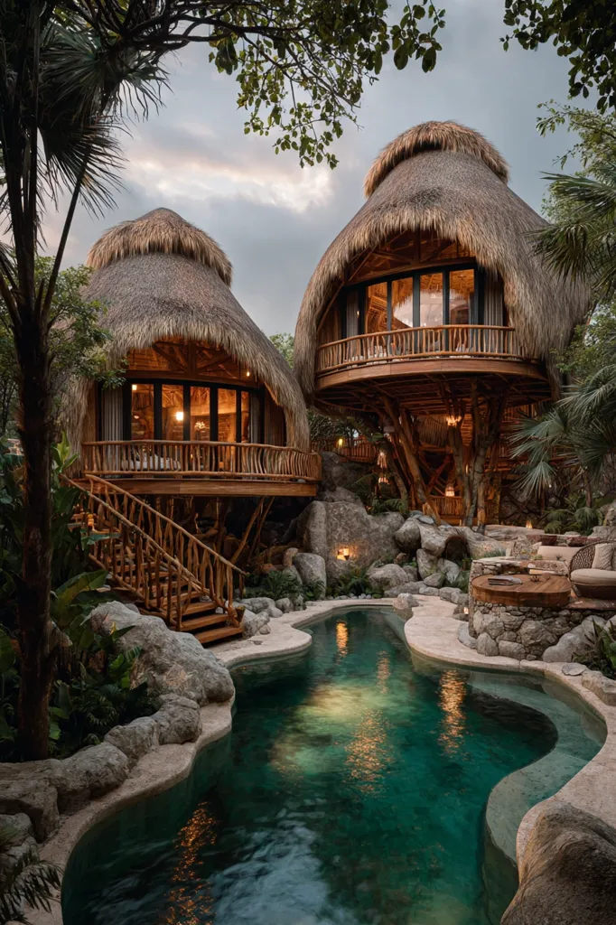 Two stunning treehouse villas, crafted from bamboo and thatch, nestle amongst lush tropical foliage.  Each boasts a private balcony overlooking a winding, tranquil pool nestled within a rocky landscape.  Warm lighting illuminates the interiors, creating a serene and luxurious atmosphere. The scene is idyllic, evoking a sense of secluded paradise.