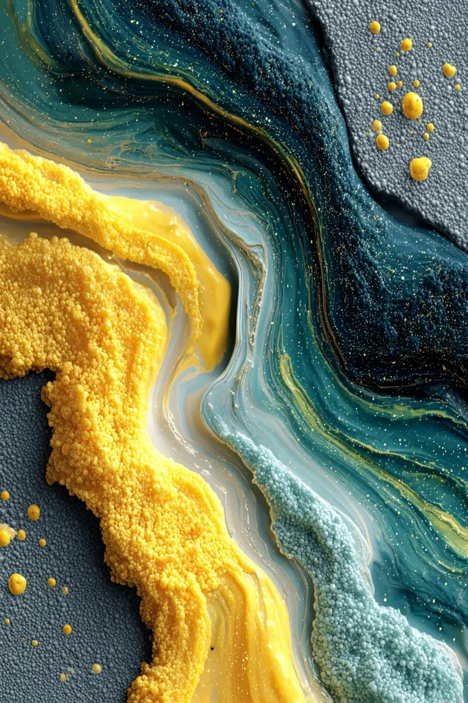 A vibrant abstract artwork features swirling teal and yellow paint, resembling a cosmic landscape.  The texture is dynamic, with areas of smooth, flowing paint contrasting with textured, granular sections.  Golden flecks add sparkle, while small, round droplets of paint are scattered across the surface, adding depth and visual interest.  The color palette evokes feelings of warmth and energy.
