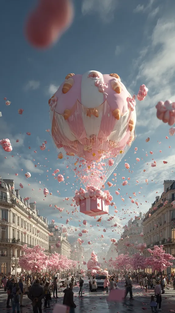 A whimsical hot air balloon, adorned with pastel pink and white, shaped like Santa Claus, floats above a Parisian street.  It descends, releasing a shower of pink blossoms and gift boxes onto the crowd below.  The scene is surreal and festive, filled with light and a dreamlike atmosphere, as if celebrating a magical Christmas.  Pink cherry blossom trees line the streets, enhancing the fantastical setting.