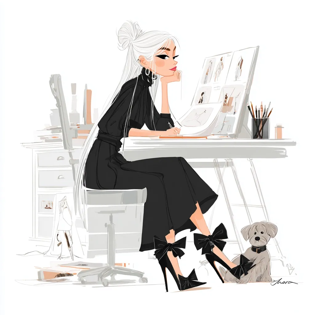 A stylish woman with long white hair sits at a desk, thoughtfully working on fashion designs.  She's dressed in an elegant black outfit and high heels with large bows.  A small dog sits patiently beside her, adding a touch of warmth to the sophisticated workspace.  Sketchbooks, pencils, and makeup are subtly visible, suggesting a creative and organized environment.  The overall style is chic and contemporary.