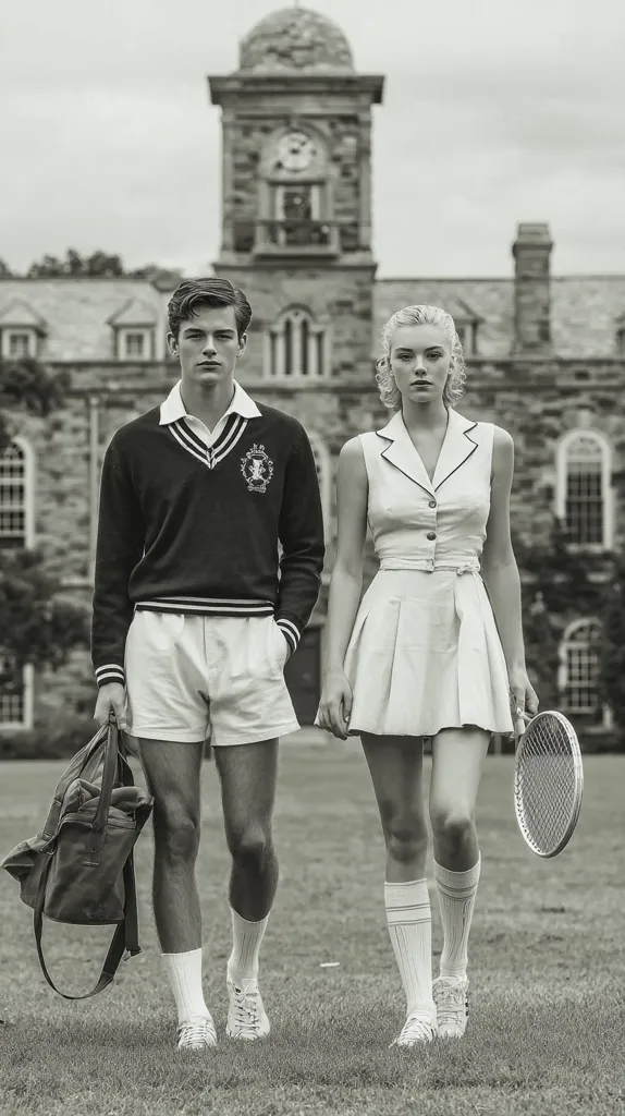 A black and white photo depicts a young man and woman in vintage tennis attire walking on a grassy field in front of a grand stone building with a clock tower.  He carries a duffle bag, and she holds a tennis racket.  Their clothing is reminiscent of a classic preppy style, suggesting a school or country club setting. The scene exudes a sense of timeless elegance and athleticism.