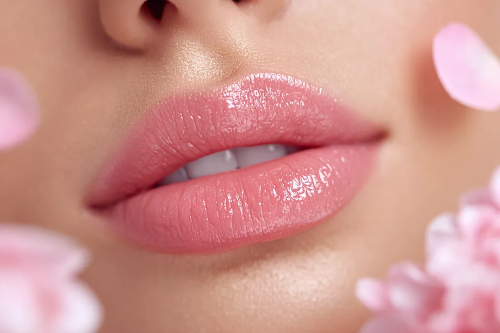 Close-up of a woman's full, pink lips wearing glossy lip gloss.  The lips are smooth and hydrated, with a natural pink hue enhanced by the shine.  Soft, out-of-focus pink flower petals surround the lips, creating a soft and romantic aesthetic. The overall image is focused on beauty and skincare.