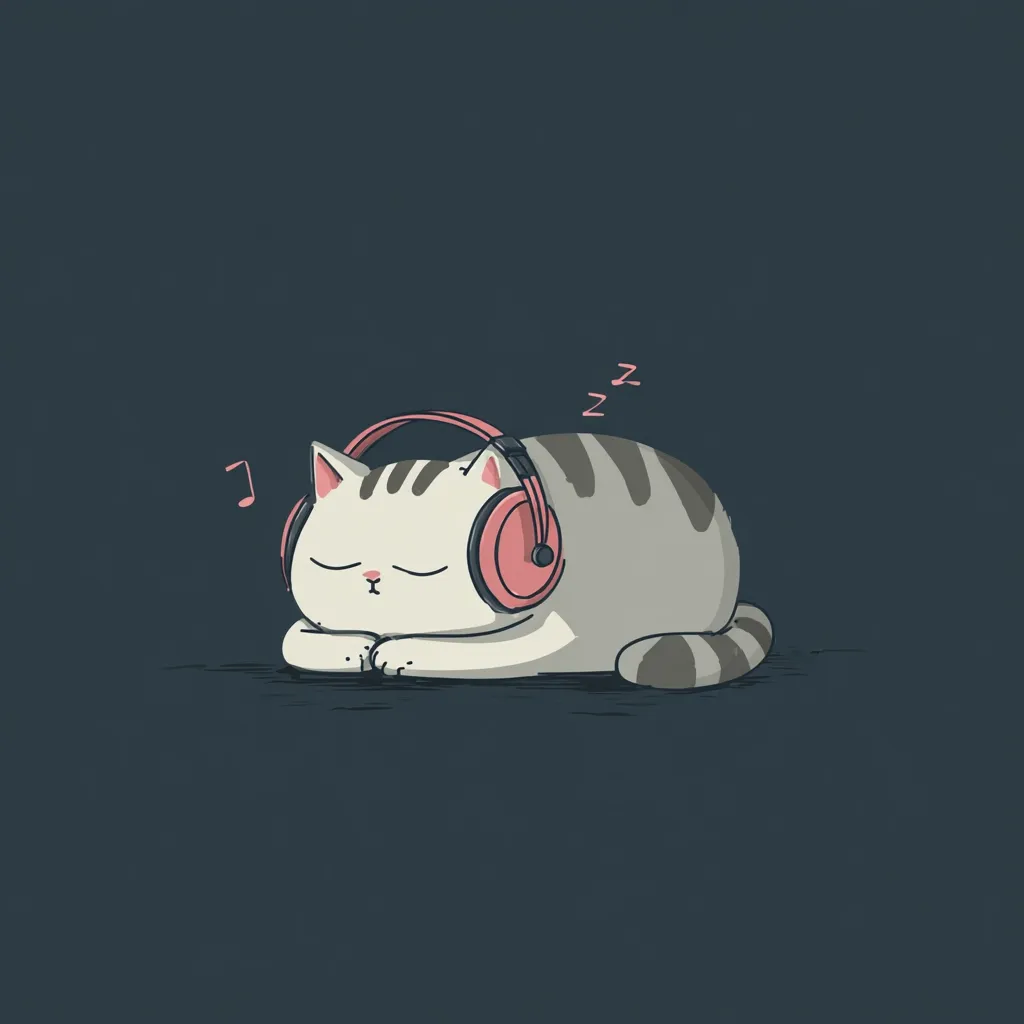 A cute cartoon cat, gray and white with pink headphones, is peacefully sleeping.  A musical note floats nearby, suggesting the cat was listening to music before drifting off.  The image is simple, minimalist, and evokes feelings of comfort and tranquility against a dark blue background.  The cat's peaceful expression adds to the overall calming effect.