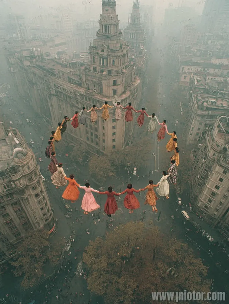 A breathtaking aerial shot captures a circle of women, dressed in flowing gowns, seemingly levitating above a bustling Shanghai street.  The grand architecture of the city, shrouded in a misty atmosphere, forms a dramatic backdrop to this surreal scene. The women's hands are intertwined, creating a visually striking and dreamlike image. The overall effect is one of ethereal beauty and unexpected juxtaposition.