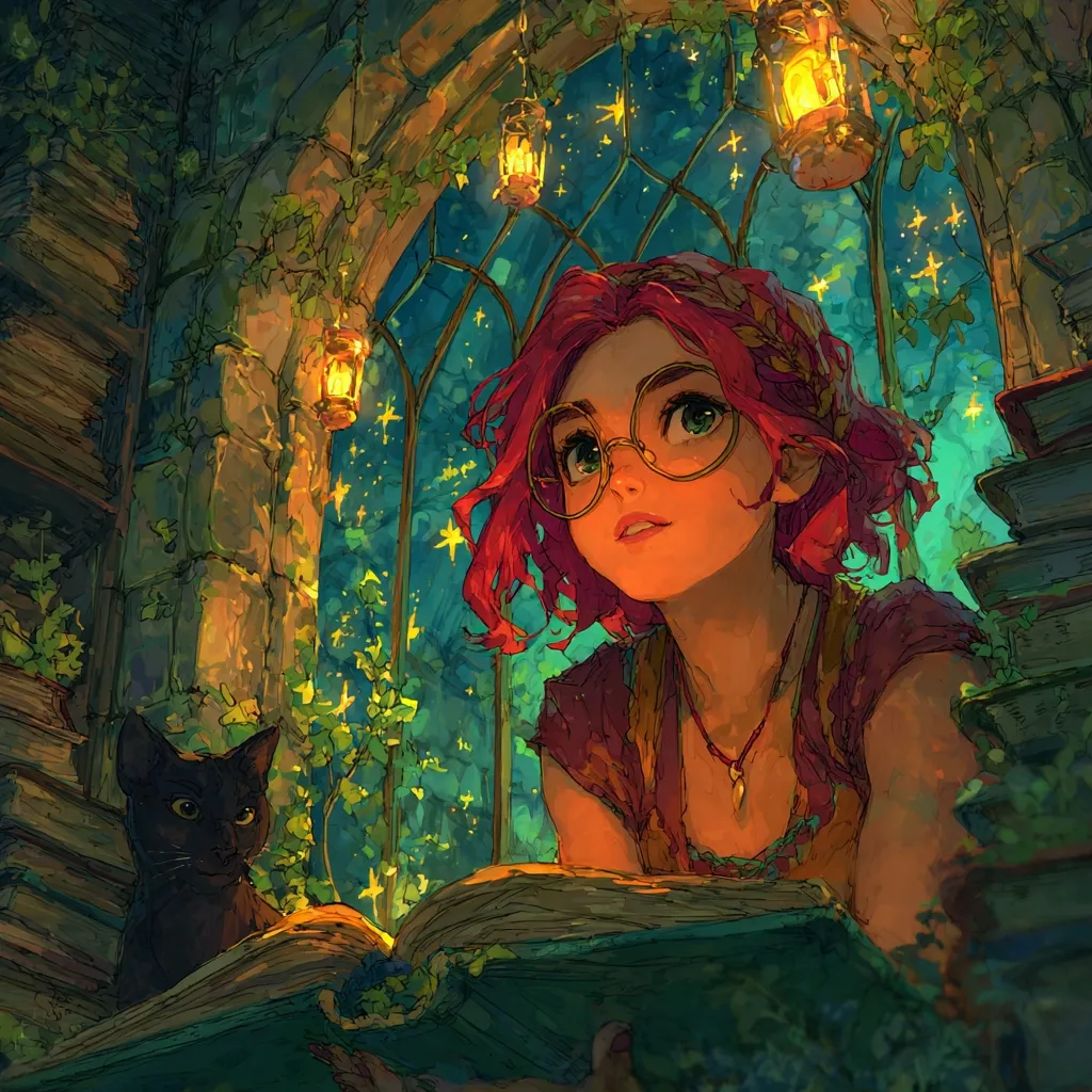 A young woman with vibrant red hair and round glasses gazes out a vine-covered window at a starlit night.  She is surrounded by stacks of books and a black cat sits beside her, as she reads a large, open book.  The scene is bathed in warm, enchanting light from hanging lanterns, creating a mystical and studious atmosphere.