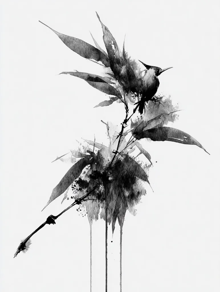A monochrome watercolor painting depicts a bird perched on a bamboo plant. The style is reminiscent of East Asian ink wash painting, with loose, expressive brushstrokes creating a sense of movement and fluidity.  The dark tones of the bird and bamboo contrast sharply against the white background, emphasizing the delicate lines and textures.  The overall effect is serene and evocative of nature.