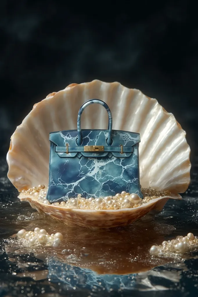 A blue, marble-patterned Hermès Birkin handbag rests in a large seashell nestled among pearls. The shell appears to float on dark water, surrounded by more scattered pearls. The image evokes a sense of luxury and rarity, with the handbag presented as a precious treasure discovered in an ocean setting. The dark background and subtle lighting enhance the dramatic effect.