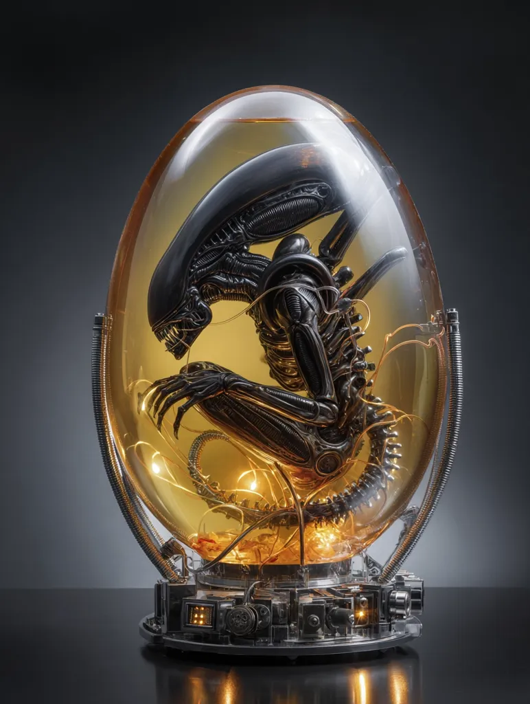 A meticulously detailed Xenomorph from the Alien franchise is encased within a translucent amber-colored egg.  The egg rests on a complex, metallic base with illuminated internal components, creating a striking display piece.  The Xenomorph's intricate skeletal structure is visible through the egg's casing, highlighting its biomechanical design.  The overall effect is both visually captivating and subtly unsettling.