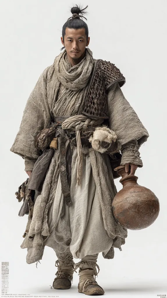 A man with dark hair tied in a topknot wears a weathered, light beige, layered robe.  The robe is long and loose, with various textures and fabrics suggesting age and wear.  He carries a large, earthenware jar.  His footwear is simple, wrapped in light beige cloth.  The overall effect is one of a nomadic or rustic, perhaps ancient, character.