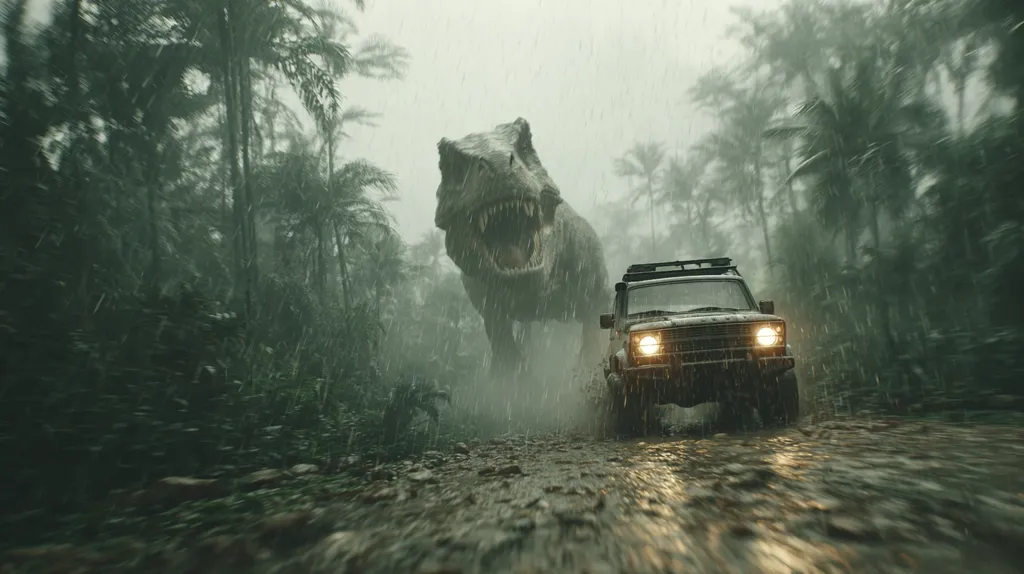 A dark green SUV drives through a rain-soaked jungle.  A massive Tyrannosaurus Rex looms ahead, its jaws agape, creating a dramatic and perilous scene. The heavy rain obscures the jungle's depths, adding to the tense atmosphere. The vehicle's headlights cut through the downpour, highlighting the immediate danger and the driver's desperate situation.