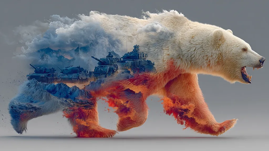 A digital artwork depicts a polar bear in motion, its form overlaid with imagery of military tanks amidst a mountainous landscape.  The bear's fur blends with swirling clouds and fiery hues, creating a dynamic and surreal effect. The juxtaposition of the peaceful animal with the aggressive military scene evokes a powerful, thought-provoking contrast.  The overall style is abstract and symbolic.
