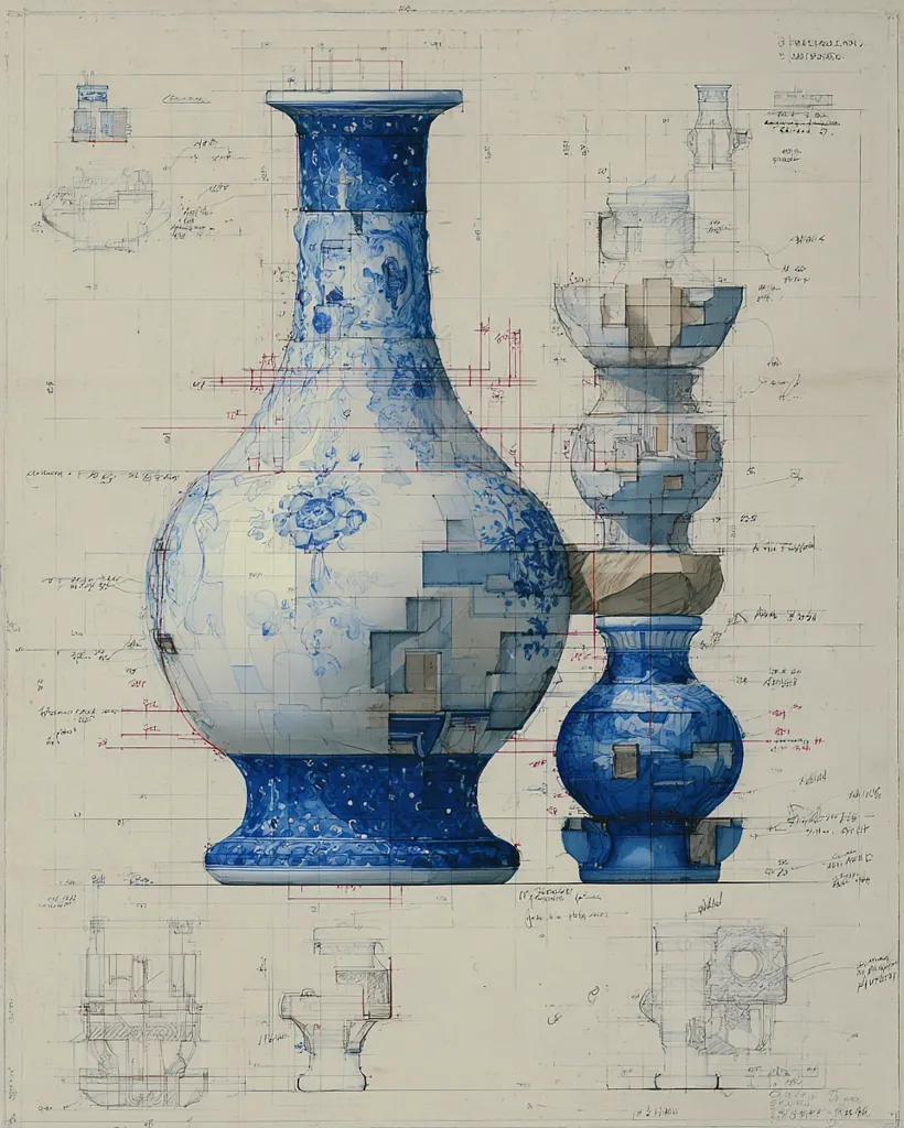 A detailed technical drawing showcases a large, blue and white porcelain vase.  The drawing is overlaid with gridlines and annotations, indicating dimensions and construction details.  Smaller, dissected views of the vase and its components are included, illustrating its structure.  A smaller, similarly styled vase is also depicted, along with various cross-sectional diagrams.  The overall style suggests an architectural or engineering approach to the depiction of the vase.