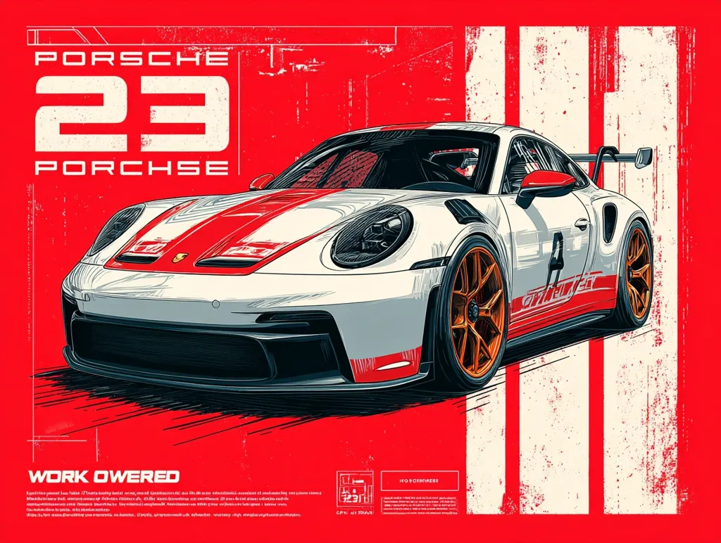 A stylized illustration of a white and red Porsche 911 GT3 RS race car dominates a red background.  The number "23" is prominently displayed, along with the word "PORSCHE" in a bold, vintage-style font.  The car is depicted with hand-drawn detailing, giving it a sketched look.  The phrase "WORK OWERED" is featured at the bottom, suggesting a focus on performance. The overall aesthetic combines racing imagery with a graphic design style.