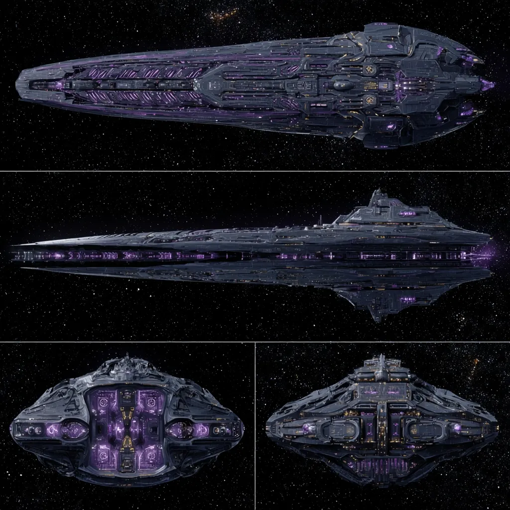 A detailed digital rendering showcases a colossal, dark grey spaceship from multiple angles.  The vessel boasts intricate designs, glowing purple internal structures, and a sleek, elongated form.  Views include a top-down perspective, a side profile, and both front and rear views, highlighting the ship's complex architecture and futuristic aesthetic against a backdrop of stars.