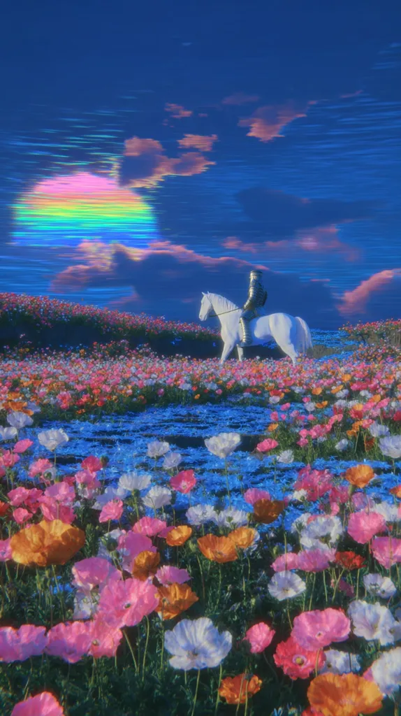 A knight in shining armor rides a white horse across a vibrant field of colorful flowers under a surreal, rainbow-hued sky.  The scene is dreamlike and otherworldly, with a nostalgic, vintage aesthetic.  The contrast between the armored figure and the delicate blossoms creates a captivating image.