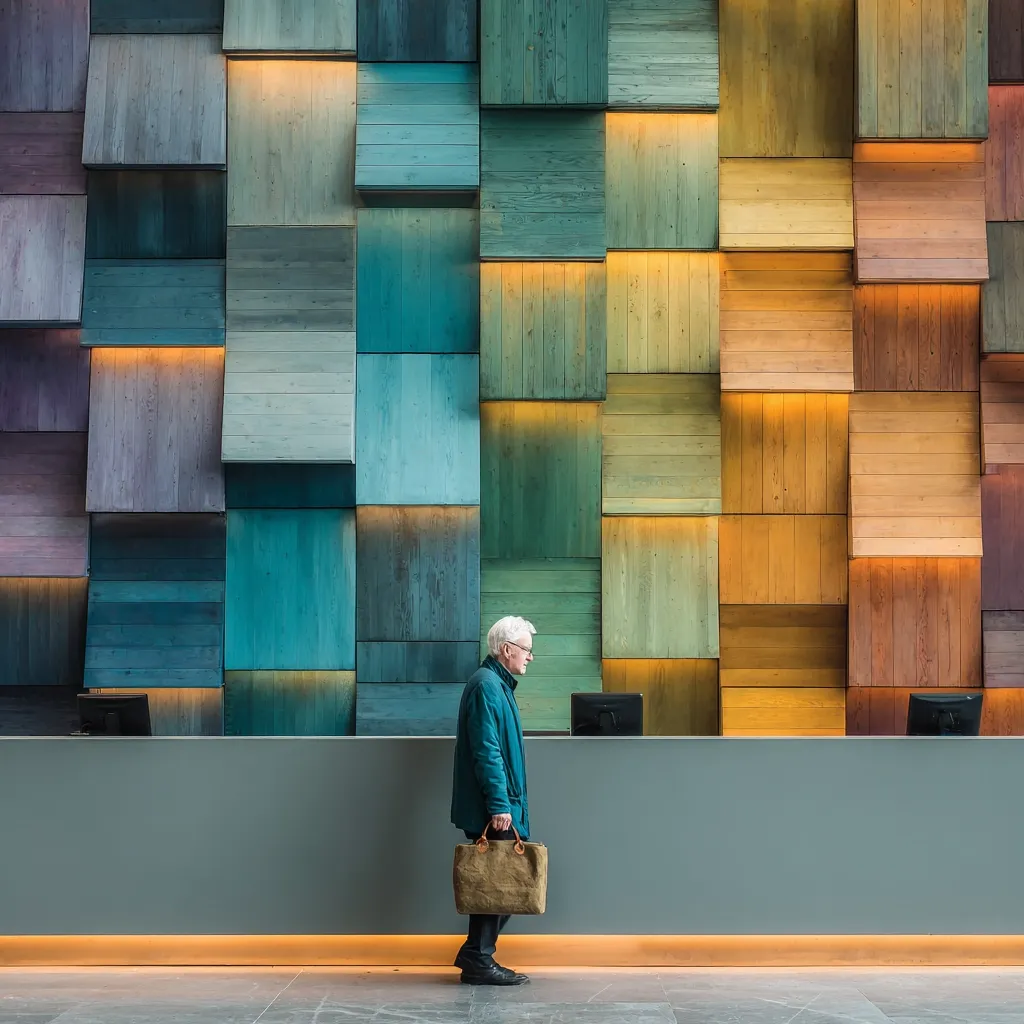 An elderly man with white hair walks past a reception desk, carrying a brown leather bag.  He's dressed in a teal jacket.  The backdrop is a striking wall composed of numerous square panels of varying shades of wood, creating a textured and colorful mosaic.  The warm lighting highlights the wood grain, enhancing the overall aesthetic.