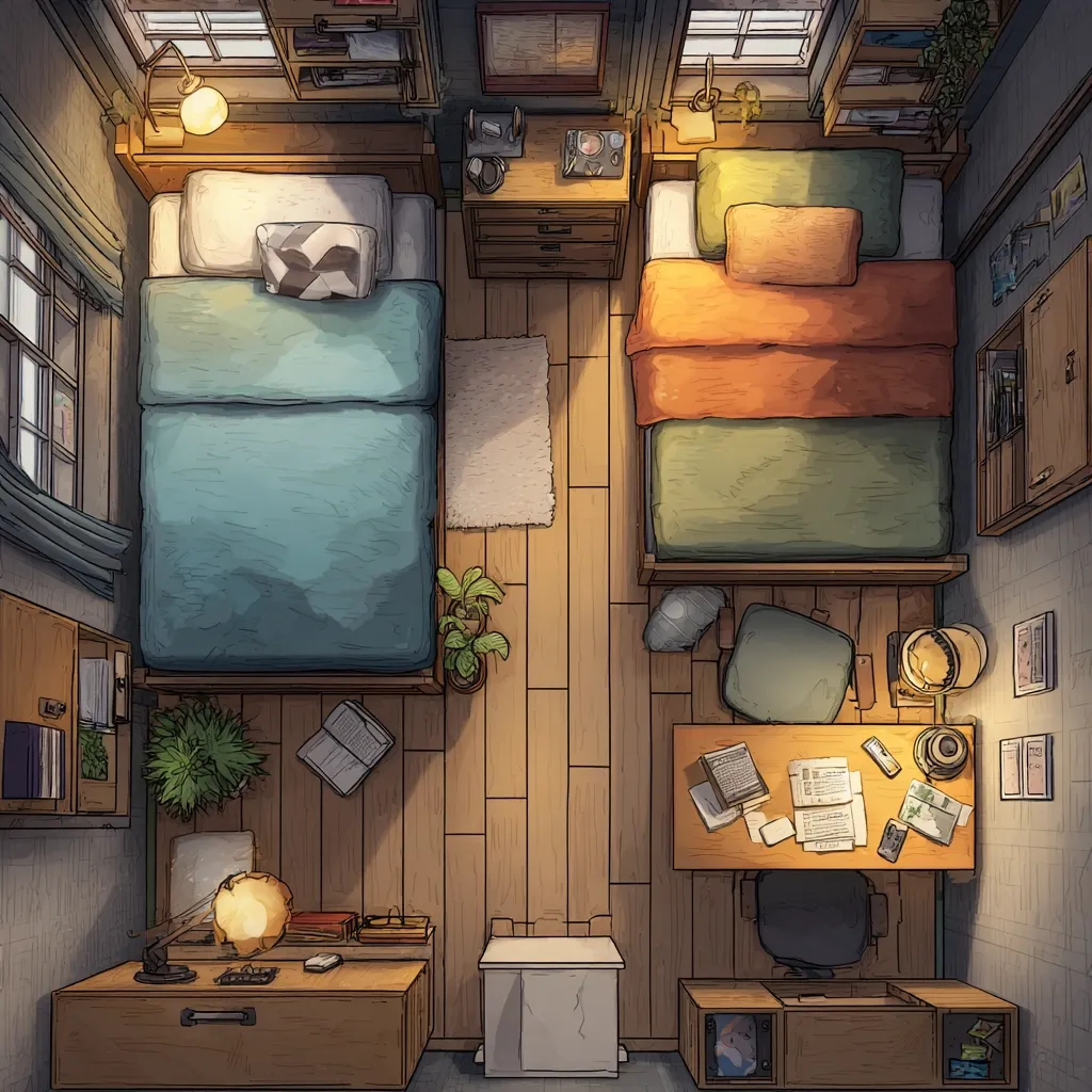 A bird's-eye view of a cozy, shared bedroom. Two twin beds with teal and orange bedding are neatly made, each with a bedside table. A small desk with a chair sits between them, cluttered with papers and a lamp.  Plants and books add life to the space, which features wooden floors and built-in shelving. The overall aesthetic is warm and inviting.